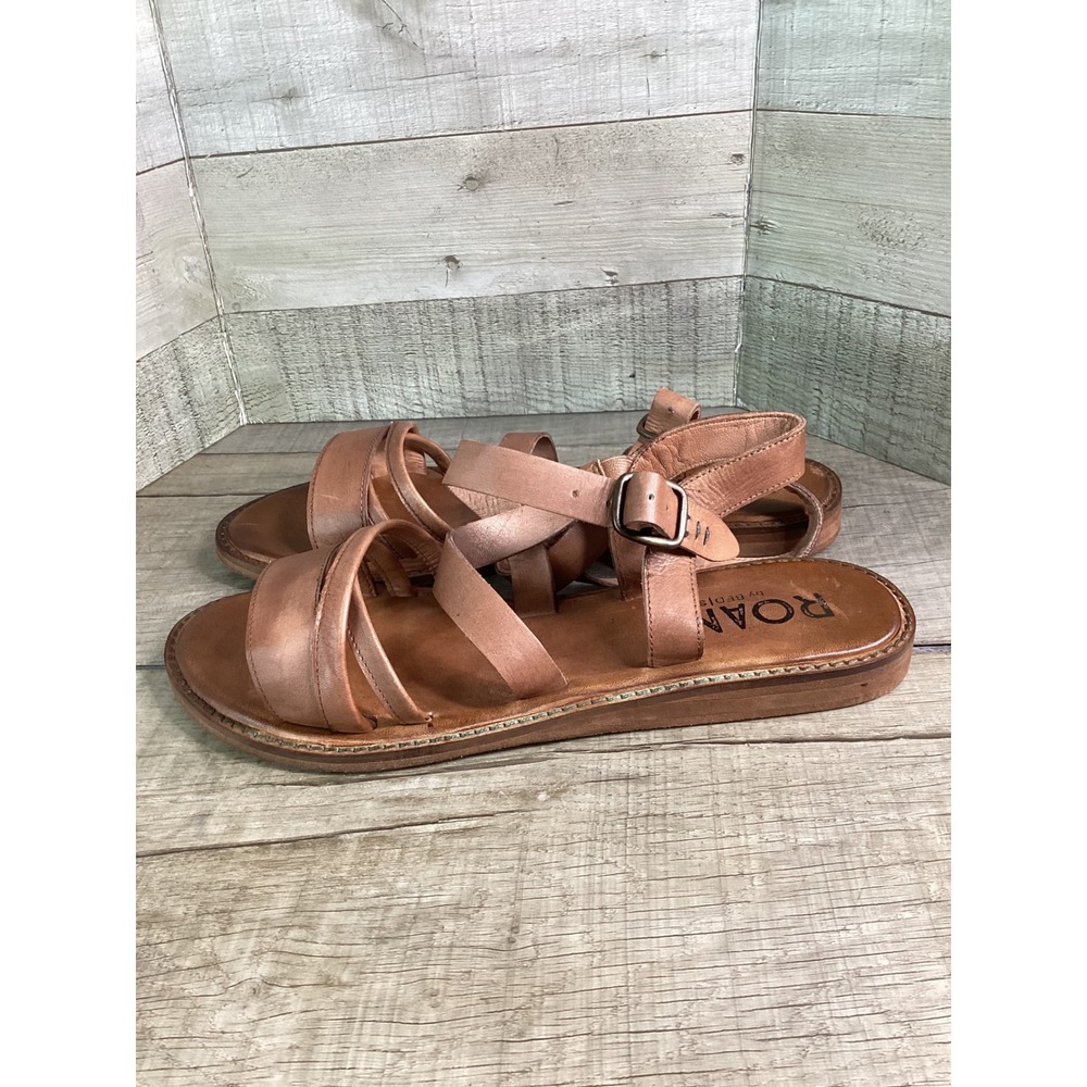 ROAN by Bed Stu Leda Tan Leather Strappy Buckle Flat Sandals Womens 9
